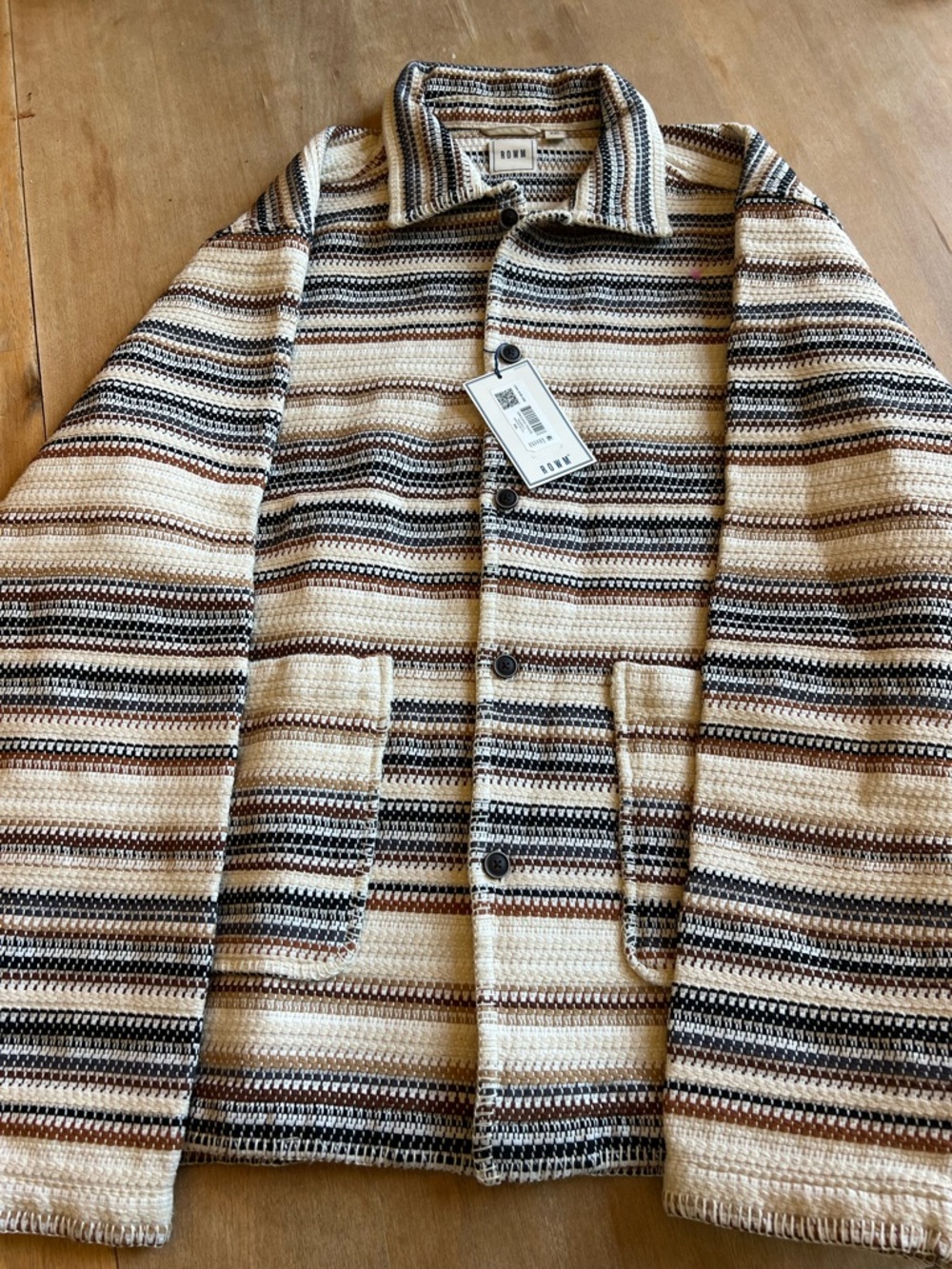 Striped Knit Shirt Jacket in Cream & Brown